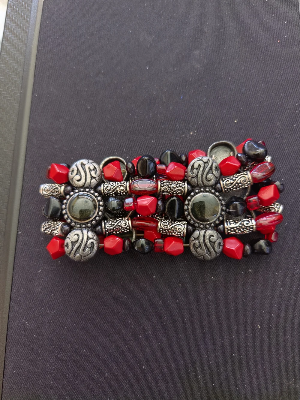 Red Black Silver Tone Multi Strand Beaded Bracelet 7” Statement Boho